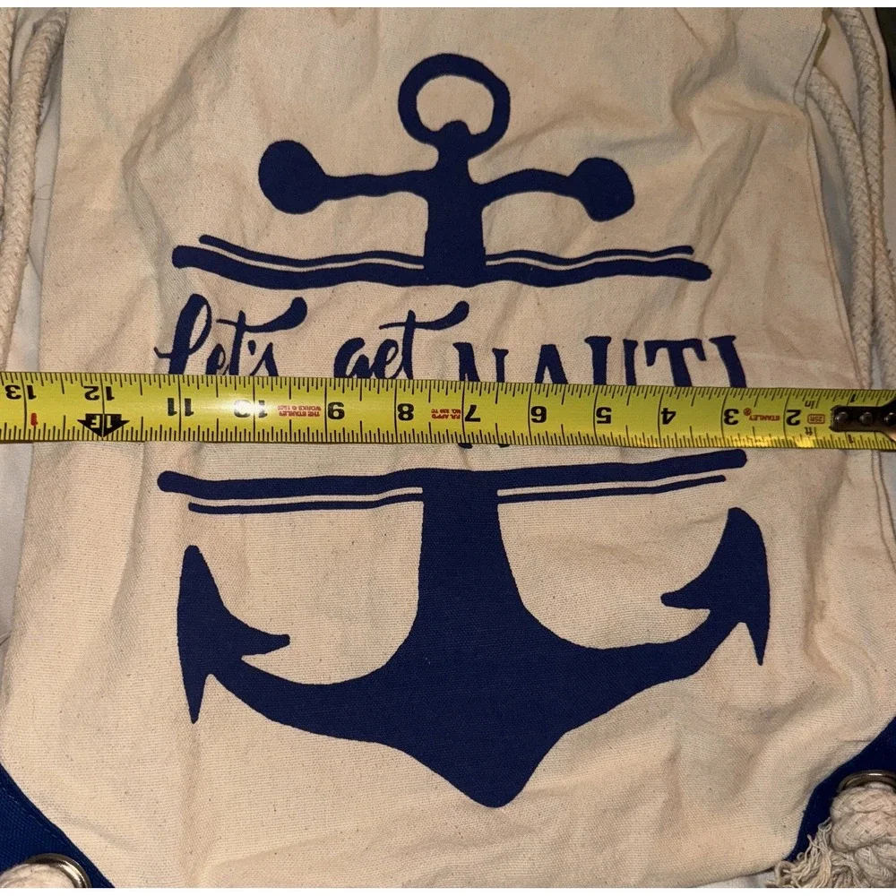 Backpack Rope String Bag Let's Get Nauti Anchor Nautical Beachy Canvas 15 X 13